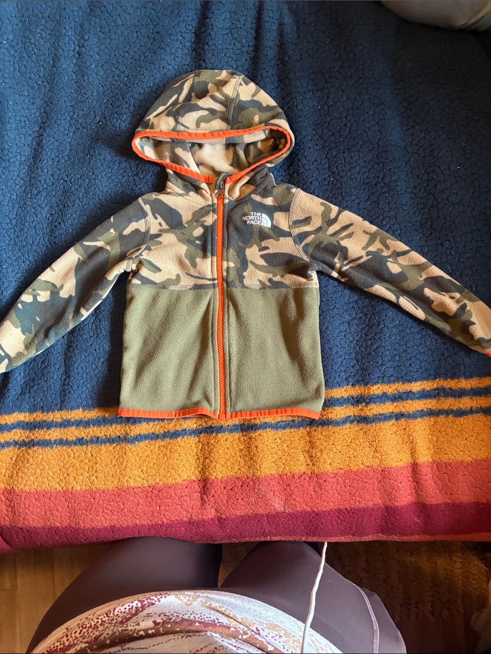 The North Face Kids Camo & Olive Hooded Fleece with Orange Trim